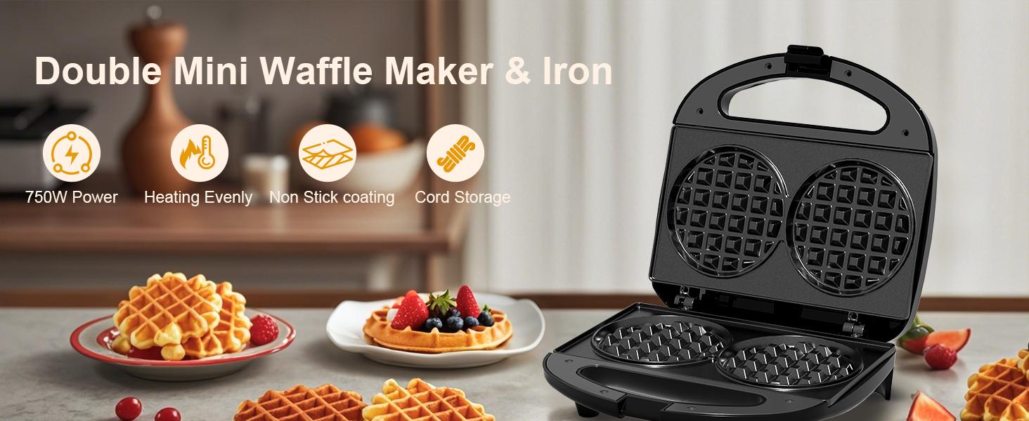 OSTBA Mini Waffle Maker 750W, Double 4-Inch Belgian Waffles Iron, Nonstick Plates, Compact Breakfast Appliance, Easy to Clean, Perfect for Kids & Family Breakfast