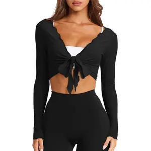 Songling Women's Lace-Up Front Wrap-Over Top Long-Sleeved Cropped Cardigan Yoga & Ballet Cover-Up Pilates Set Gym Exercise Activewear Lightweight Casual