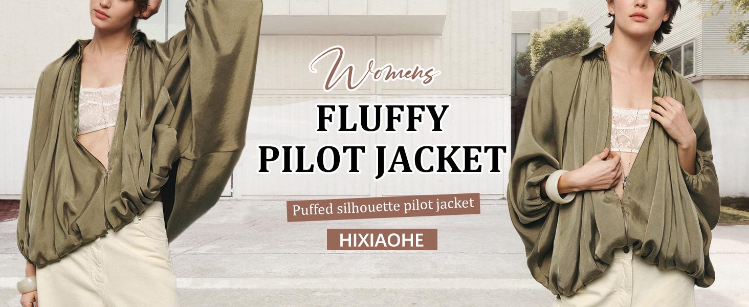Hixiaohe Womens Puffed Bomber Jacket Casual Batwing Sleeve Lapel Collar Zip Shirts Oversized Pleated Streetwear Jackets