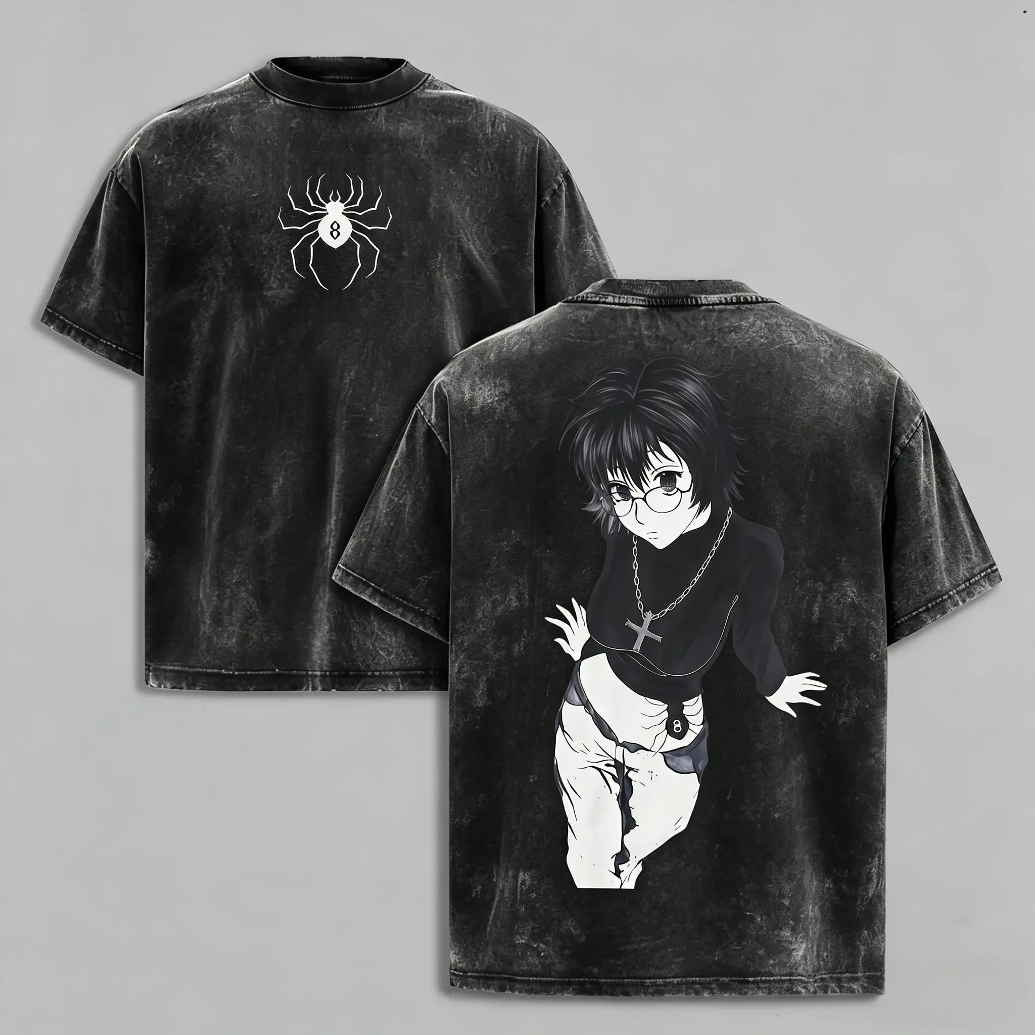 [100% Soft Cotton] Hunter X Hunter Shizuku Double-Printed Vintage Washed Oversized Heavyweight Short-Sleeve Tshirt - Unisex Casual Fashion Menswear Top for Anime Fans, Shortsleeve, X Hunter Graphic Men's Short-Sleeve T-Shirts