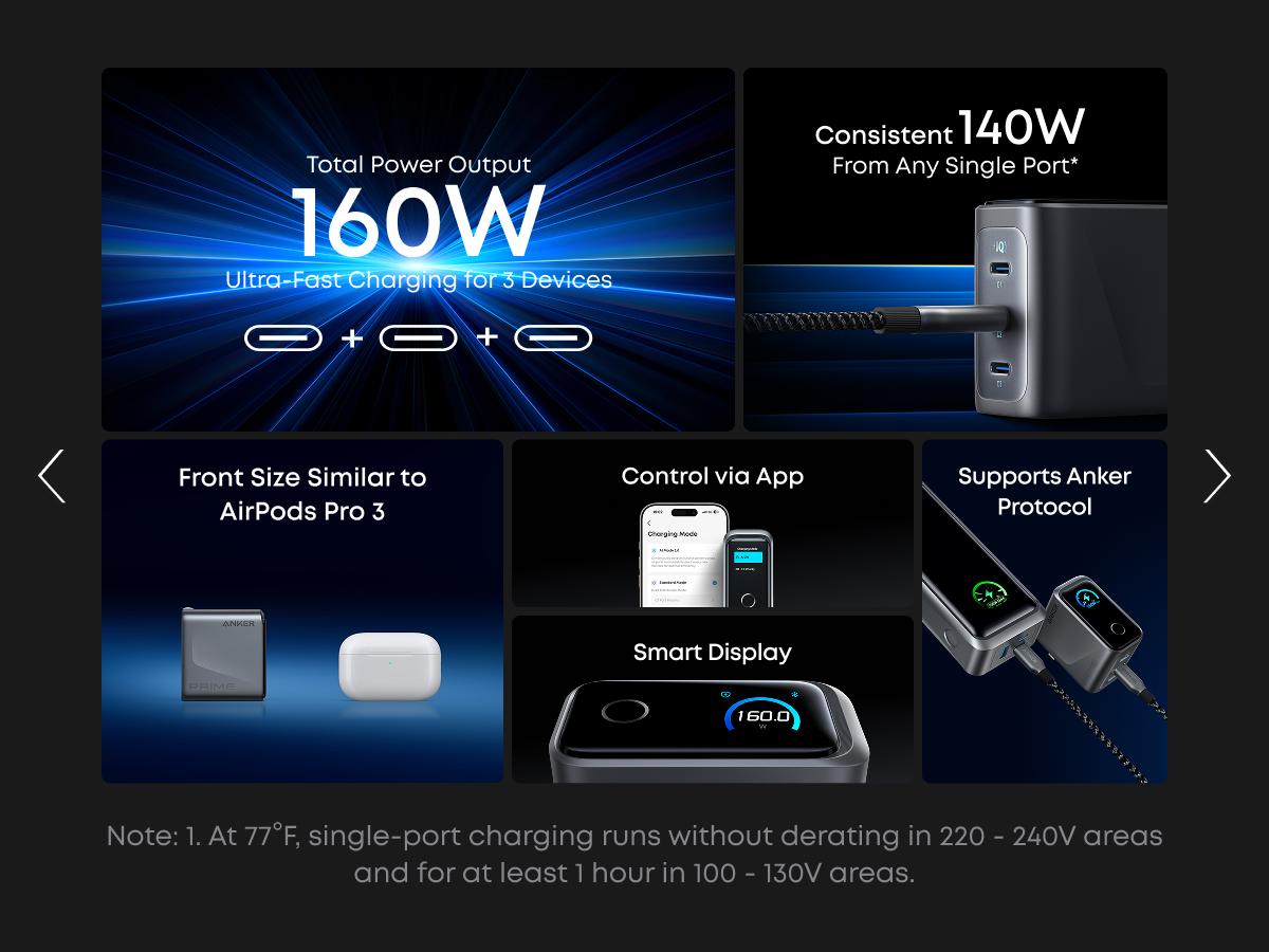 [Live Only]Anker Prime Charger, 160W 3-Port Compact USB C GaN Charger Block, Smart Display and Touch Control, 140W Max Charging via Any Single Port, for MacBook, Laptop, iPhone 17/16/15 Series, iPad, and More