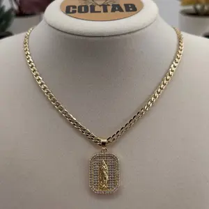 (82) Virgin Mary Rhinestone Pendant for Women with Cuban Chain 4mm 18in