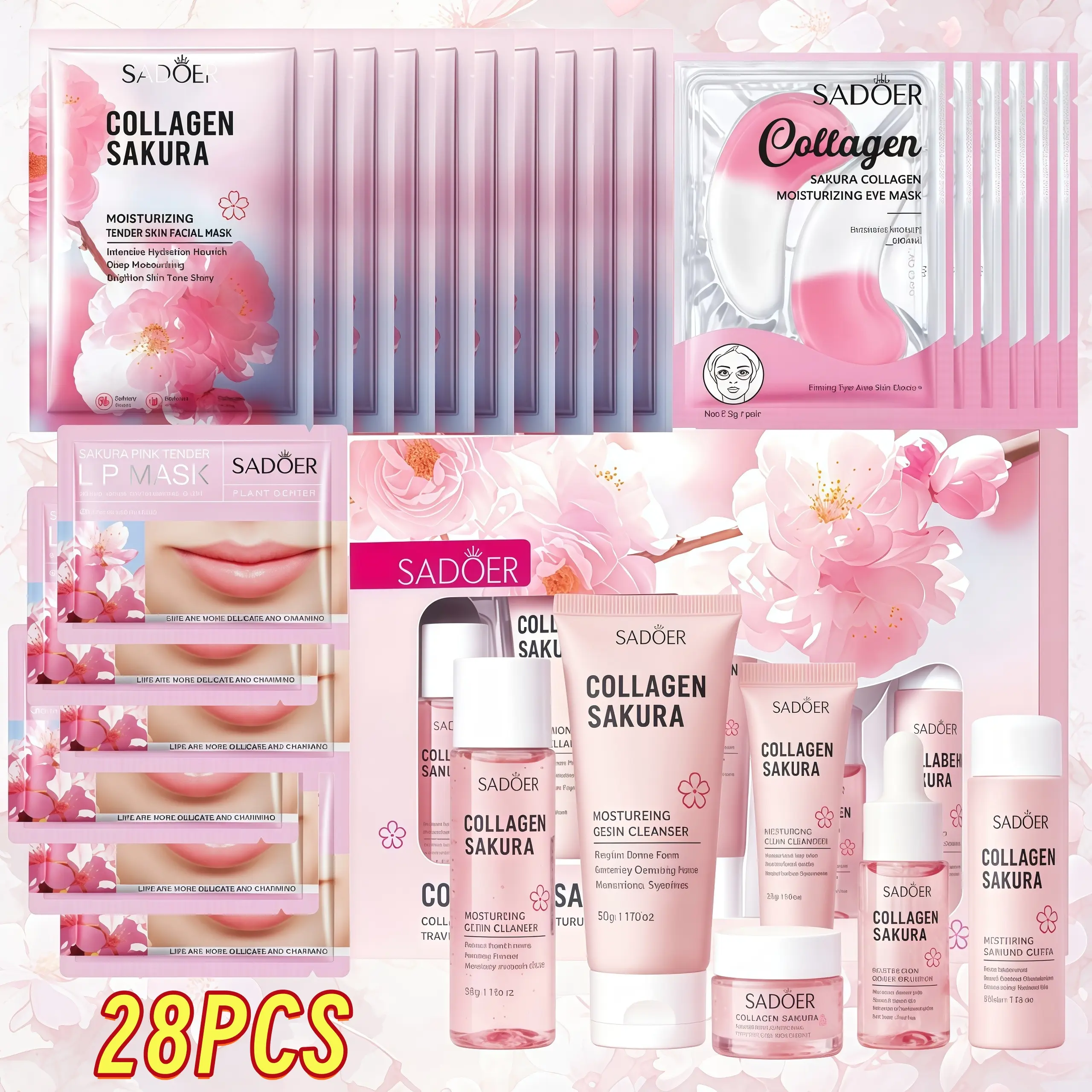 Cherry Blossom Facial Care 28-Piece Set, contains collagen for deep hydration, smooths and firms skin; suitable for daily and travel skincare; includes toner, mask, lip mask, eye mask, and face cream; skincare set—an ideal gift. Skin Care Kits Moisture Gl
