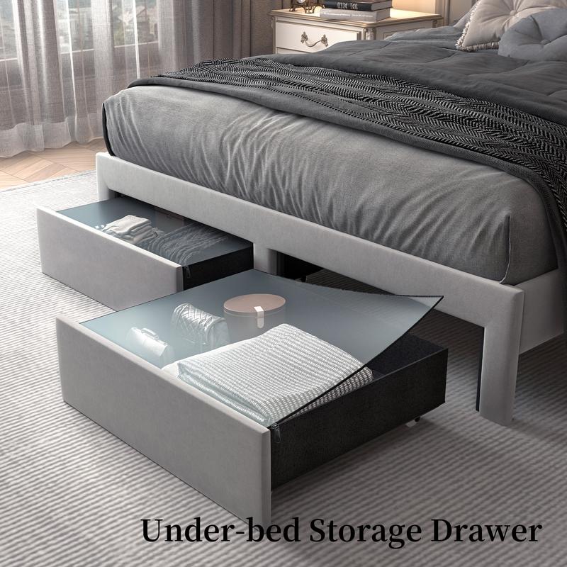 Queen LED Bed Frame with Storage Drawers, Full Size Upholstered Platform Beds with Galaxy Star Projector Charging Station Speaker, King Aurora Bedframe with 2-Tier Storage Headboard, Twin Bed, Noise-Free, PU Leather White Black, Velvet Gray Pink