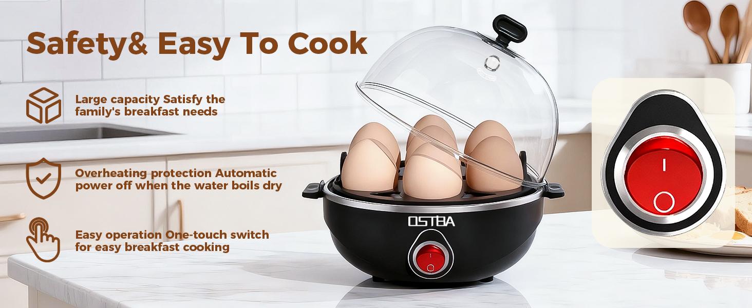 OSTBA Egg Cooker, 7-Egg Electric Boiler with Manual Switch, Overheat Protection, Mini Food Steamer for Soft, Medium & Hard Eggs, Easy to Clean, Portable, Black