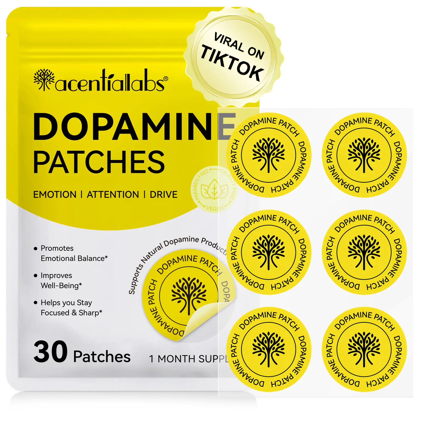 Acentiallabs Transdermal Dopamine Stick Patches - 30 Patches (1-Month Supply), Natural Focus Relief, Mood Booster, Brain Fog Relief, Emotional Balance, Concentration Support, Mental Clarity, Vegan, Paraben-Free for Students, Work