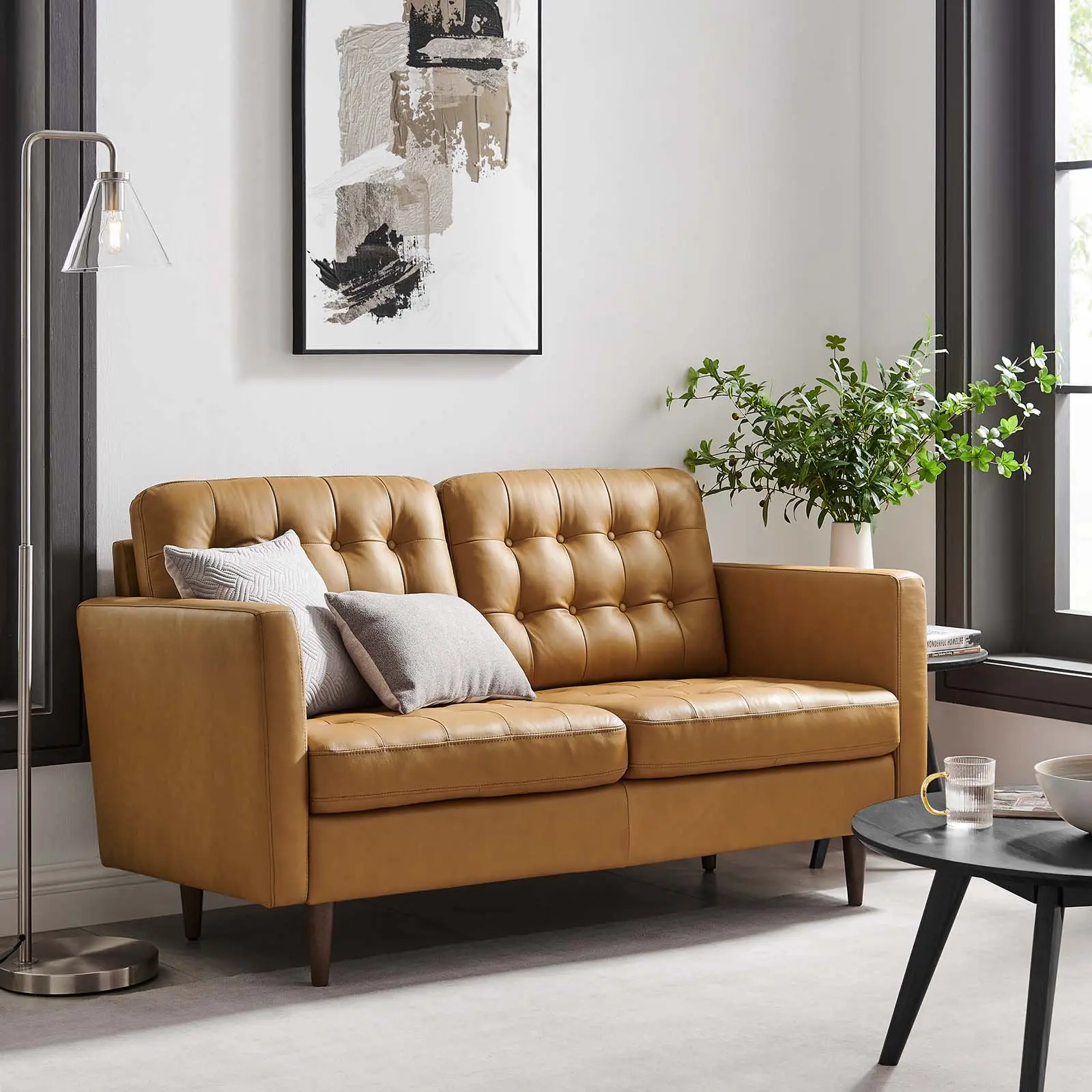 Modway Exalt Button-Tufted Leather 2-Seat Loveseat, Tan Streamlined Midcentury Modern Upholstered Couch, Home Contemporary Indoor Furniture, Contemporary Design