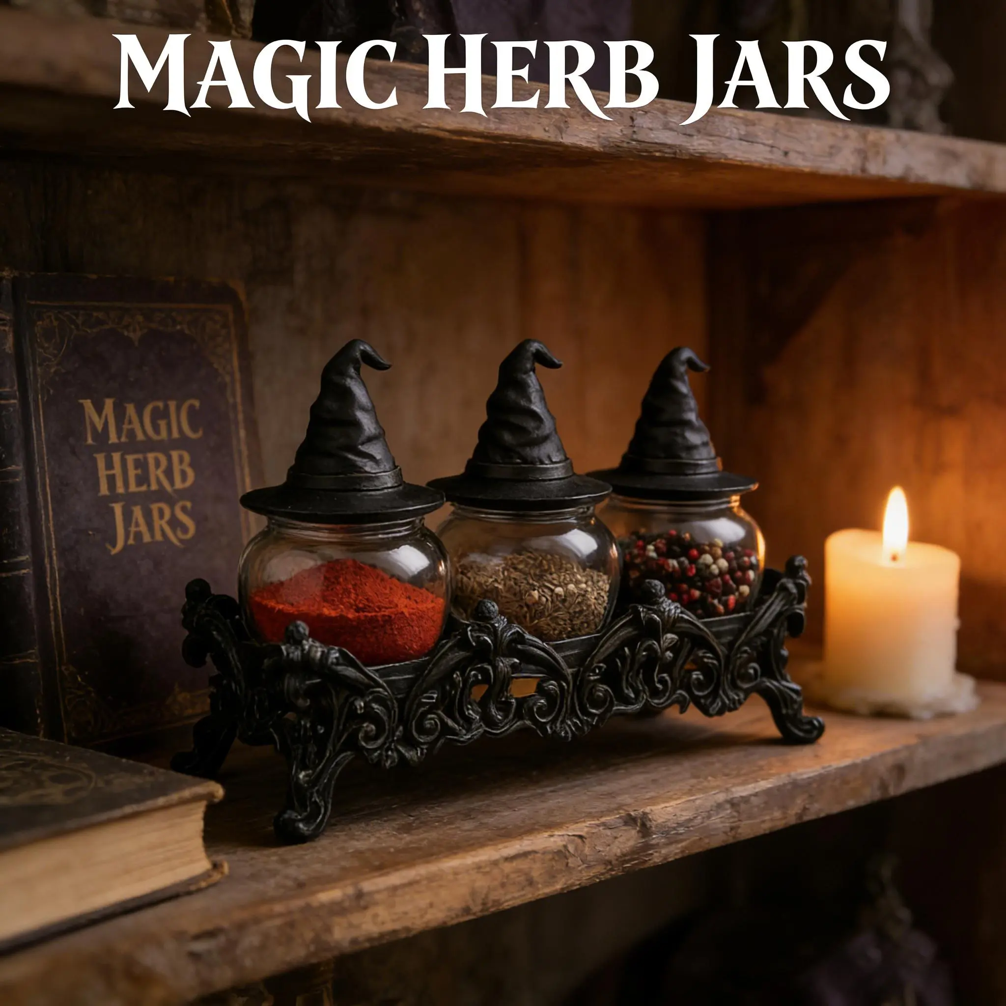3 Witch Hat Apothecary Spice Containers +1 Gothic Display Base Set, Handmade Vintage Glass Lids, Easter-Themed Moistureproof Seal Canisters Set for Seasonings, Pepper, Salt (Decorative & Practical Kitchen Seasoning Utensil)