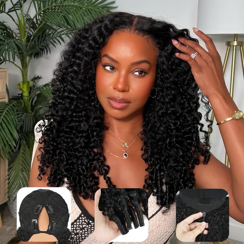 【3 In 1 Half Wig】Kinky Curly Half Wig Human Hair Burmese Curly 3 In 1 Half Wigs for Women V Part Burmese Curly Wig Human Hair Beginner Friendly Kinky Curly Wig Human Hair 180 Density