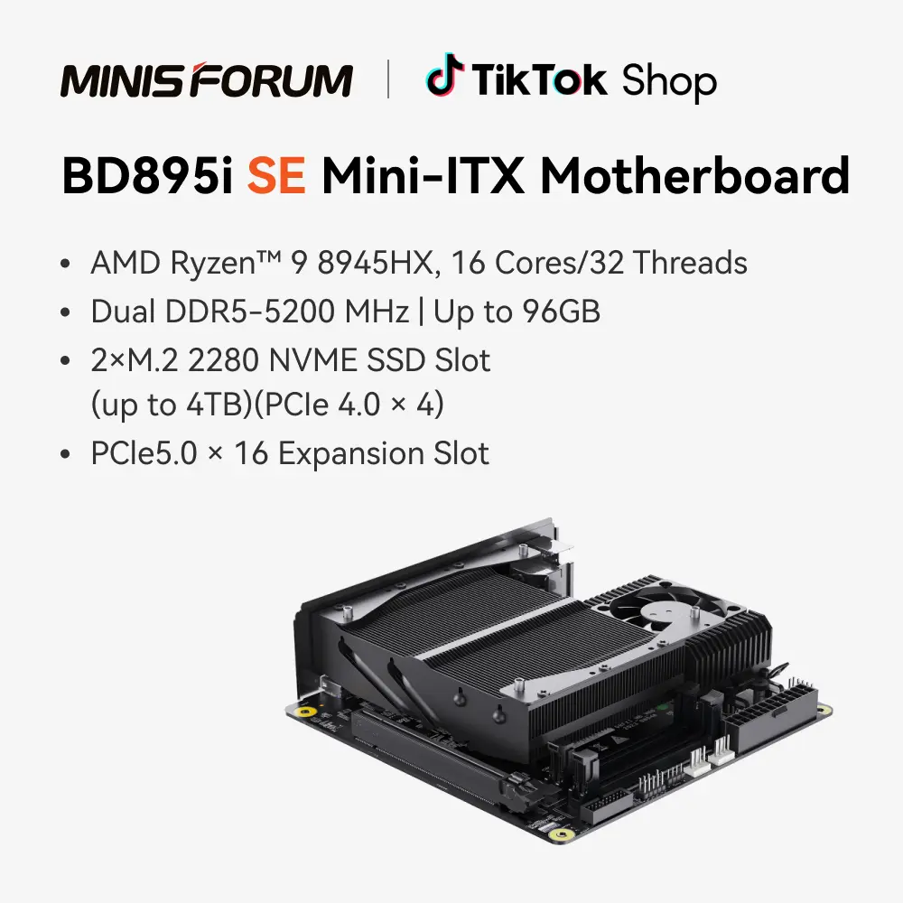 MINISFORUM Motherboard BD895i SE Mini ITX NAS Motherboard, AMD Ryzen 9 8945HX,16 C/32 T,PCIe 5.0 x16 Slot, Dual PCIe4.0 M.2 Support, DDR5,8K Triple Output(HDMI/DP/USB-C), RJ45 2.5G, USB 3.2