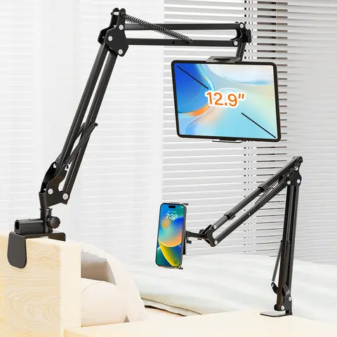 PEYOU Lazy Adjustable Tablet Phone Mount - 360° Angle Control Cell Phone Stand, Foldable Carbon Steel Computer Accessories, Free Extension, Anti-Shake Cable Clips, Double Stability for Video Watching (3 lbs)