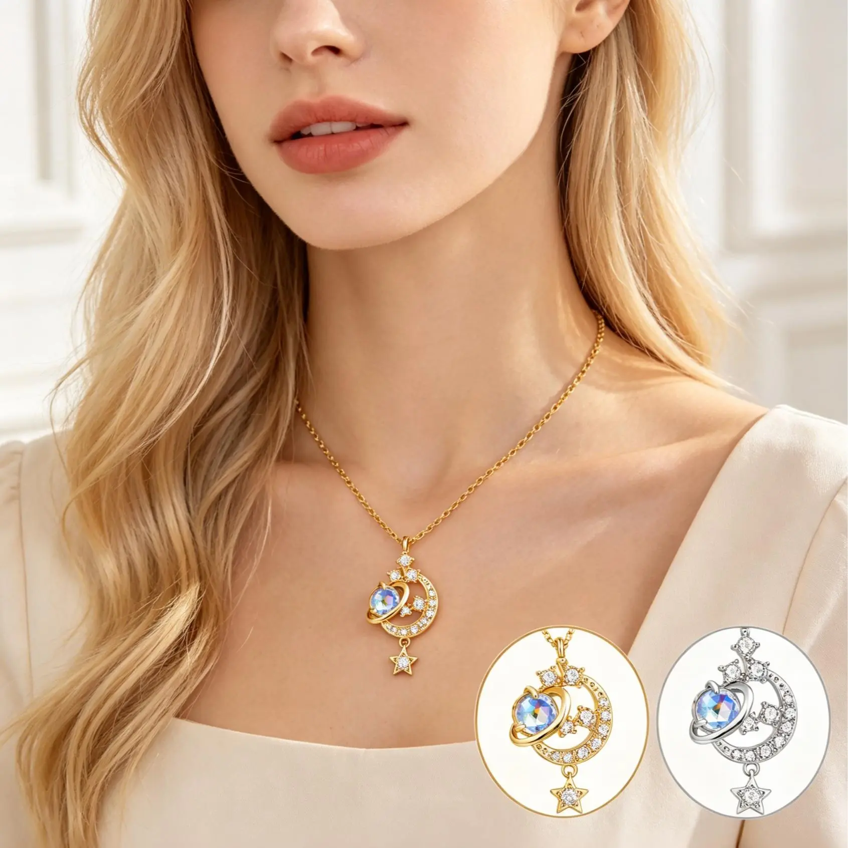 Women's 18.3in Long Crystal Star Necklace - Celestial Galaxy Pendant with Sparkling Cubic Zirconia, Dreamy Moon Jewelry, Elegant Casual Gift for Her for Any Occasion