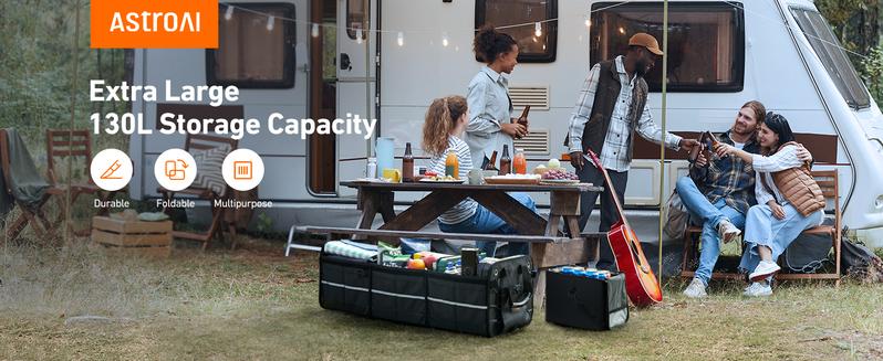 AstroAI Collapsible Car Trunk Organizer Storage Box with Big Cooler Bag, Foldable Cover, Nylon Holder, PU Bottom and PE Plate, For Picnic
