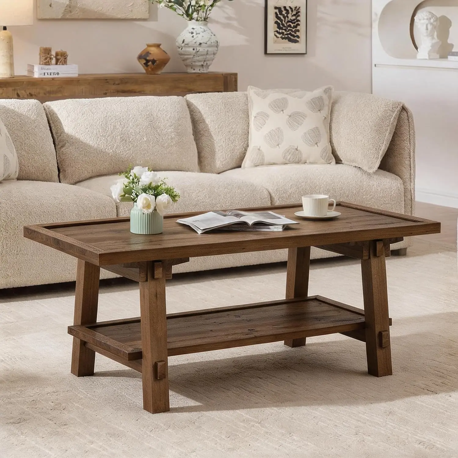 TRIBEWOOD 47-Inch Solid Wood Rustic Farmhouse Coffee Table, 2-Tier Rectangle Living Room Center Table with Storage, Vintage Brown