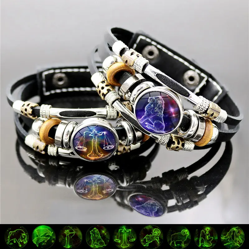 Glow-in-the-Dark Zodiac Leather Bracelet - 12 Signs Astrology Jewelry for Men Women, Mens Accessories, Womens Gifts, Gifts for Women, Aries Bracelet (6.9in/8.1in)