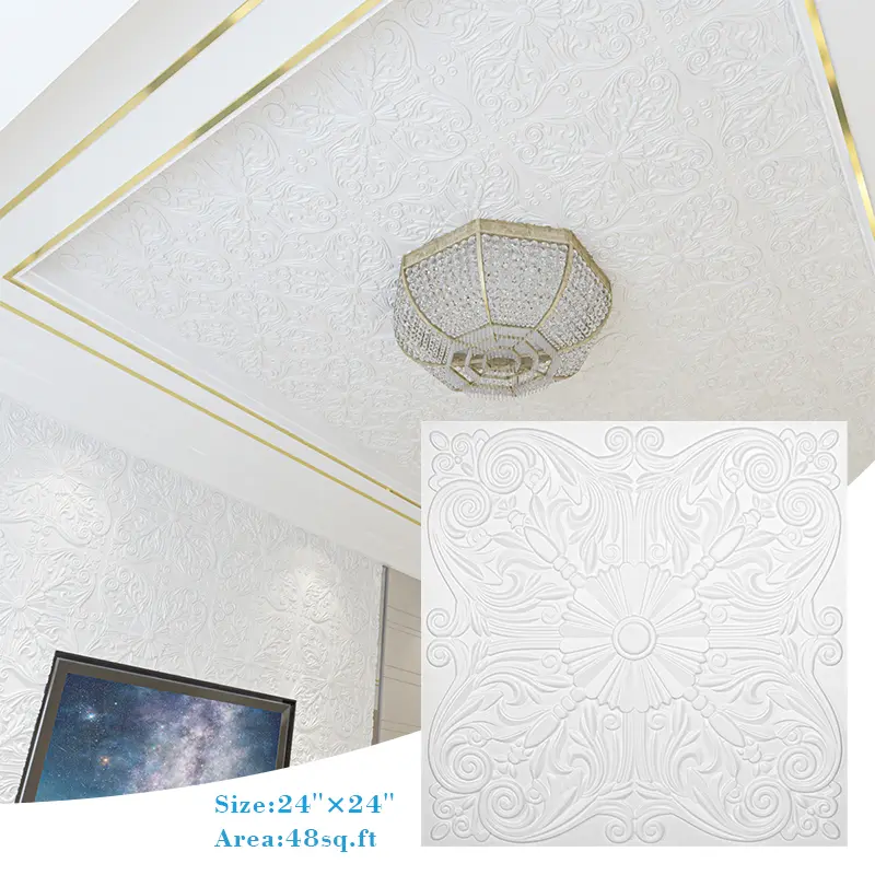 Art3d 12-Pcs Waterproof Vintage Matt Art Deco PVC Plastic Square Drop Ceiling Tiles, 24"x24", 48 Sq Ft/Case, Lightweight for Bathroom, Kitchen, Home Improvement Building Supplies (Floral Patterns)