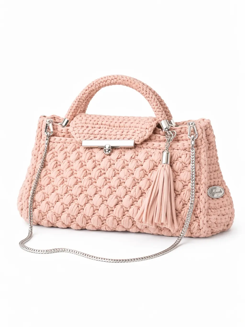 Handmade Crochet Blush Clutch Bag, Elegant Silver Chain Strap, Delicate Tassel Accents - Made to Order
