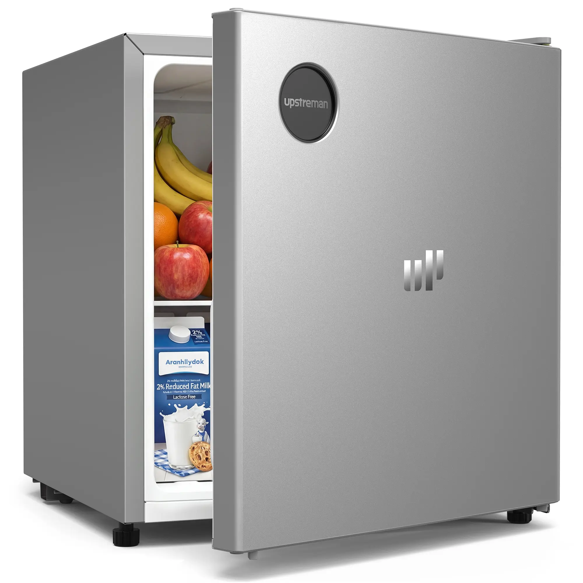 Upstreman 1.5 Cu.Ft Sleek Stainless Steel Mini Fridge - Energy Star Certified, Adjustable Temp Thermostat, Reversible Door, LED Light, Compact Beverage Chiller - Convenience for Office, Dorm, Bottle Beverage Cooler (Black), Beverage Chiller Mini Fridges