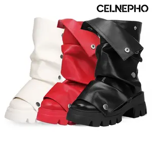 CELNEPHO Fold Over Platform Boots for Women Round Toe Slouchy Booties Chunky High Heel Wide Calf Detachable Snap-off Panel Easy Pull on Shark Platform Short Boot for Casual Date Party Dress Fashion Shoes