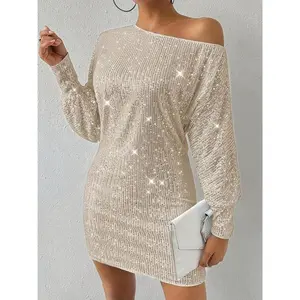 Women's Glitter Sequin Round Neck Bodycon Dress, Elegant Fashion Long Sleeve Short Dress for Party Club Dating Wear, Women Dress for Summer