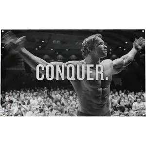 Banger - Original Arnold Schwarzenegger Conquer Motivational Inspirational Office Gym Dorm Wall Decor Design on a Flag with 4 Grommets for Easy Hanging. Authentic BANGER FLAG