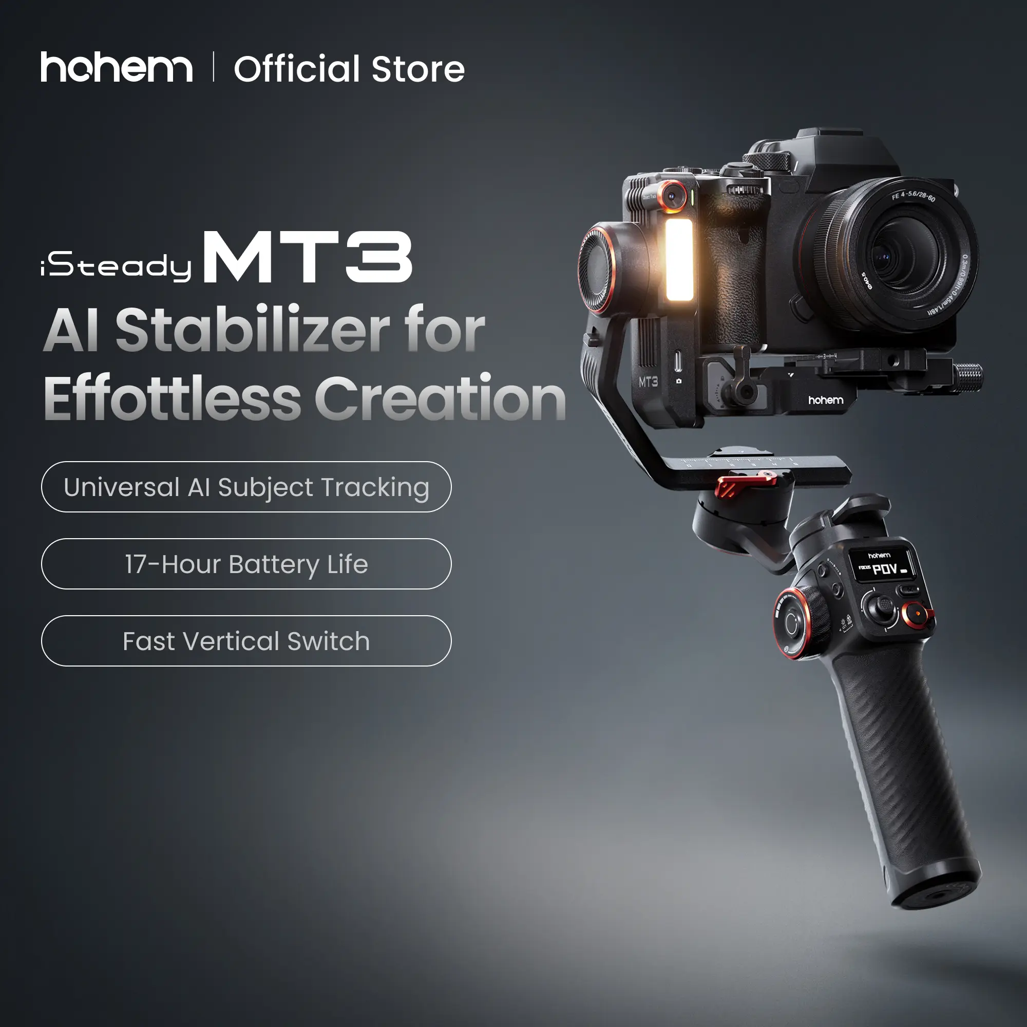 Hohem iSteady MT3 AI Stabilizer, 3-Axis Stabilizer for Camera/Smartphone/GoPro, AI Tracker with CCT&RGB Fufill Light, 1.4 kg Payload Capacity, Fast Vertical Switch