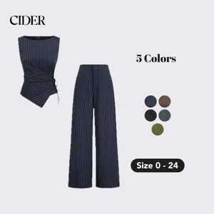 Cider Boat Neck Striped Wrap Knotted Top & Mid Rise Straight Leg Trousers Set– Office & Weekend Casual
