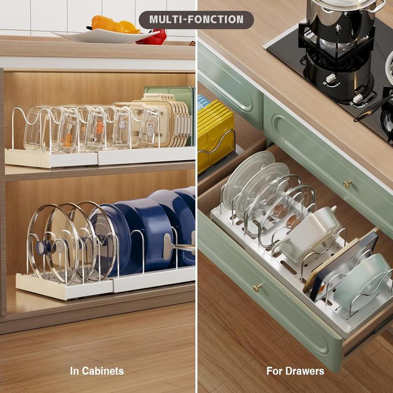 2 Pack Expandable Food Storage Container Lid Organizers, 22" Pots and Pans Organizer Under Cabinet with 7 Adjustable Dividers Pot and Pan Lid Holders Rack Inside Cabinet(White)