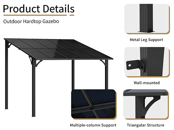 Walsunny Gazebo for Patio,  8/10' x 10' Large Shed Wall-Mounted Lean to Gazebo Pergola with Roof, Hard Top Heavy Duty Awnings for Backyard, Deck，Black