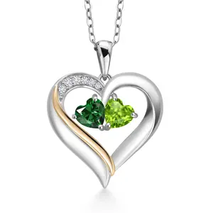 Gem Stone King 925 Silver and 10K Yellow Gold Heart Shape Lab Grown Diamond Pendant Necklace for Women with Green Nano Emerald and Green Peridot (1.03 Cttw, Double Heart, 18 Inch Chain)