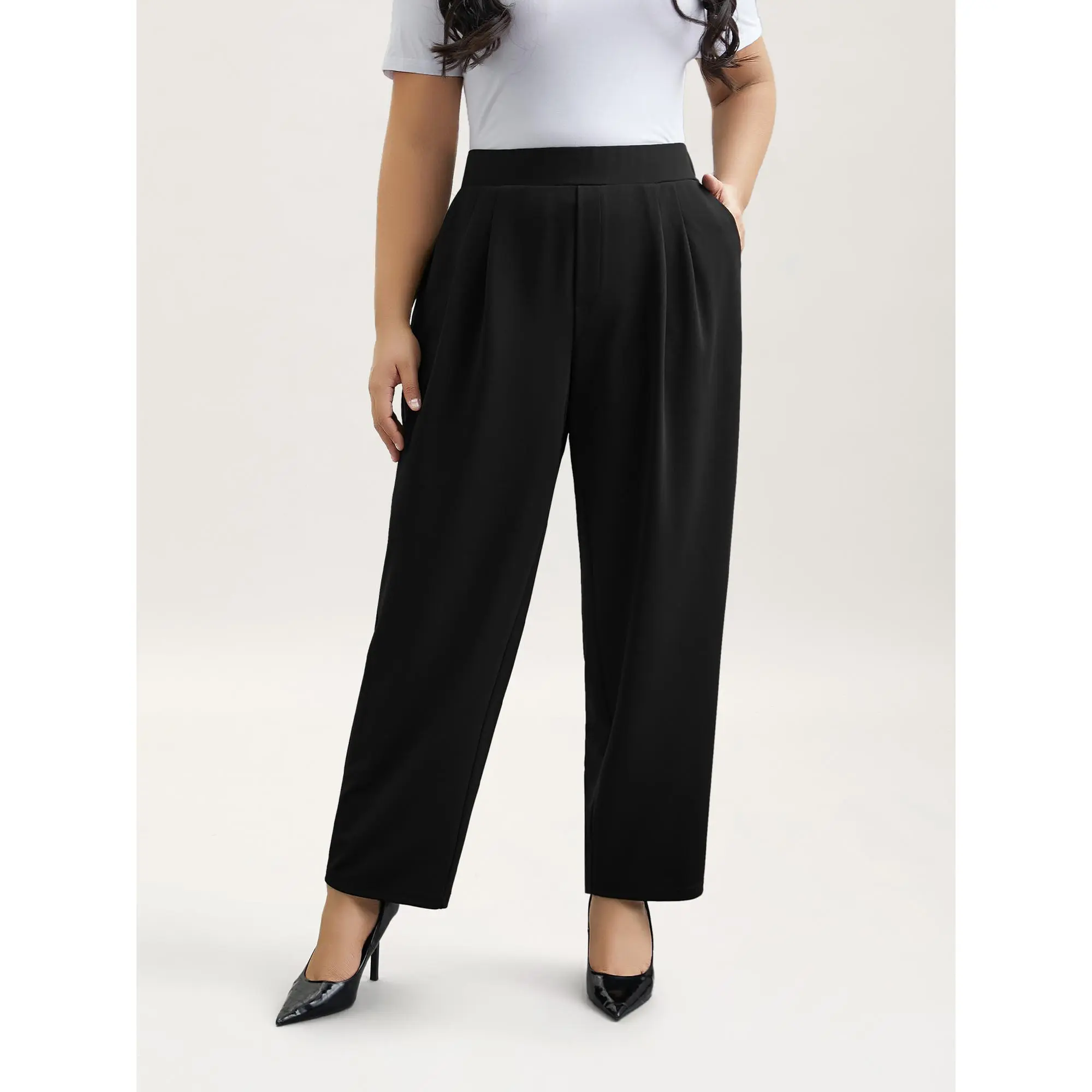 BloomChic Plus Size Women's Comfortable Fit Pull-On Work Pants - Straight Leg Woven Spandex-Polyester Blend, Contrast Side Stripe, Pockets, Breathable Lightweight Smooth, Machine Washable Office Work Clothes