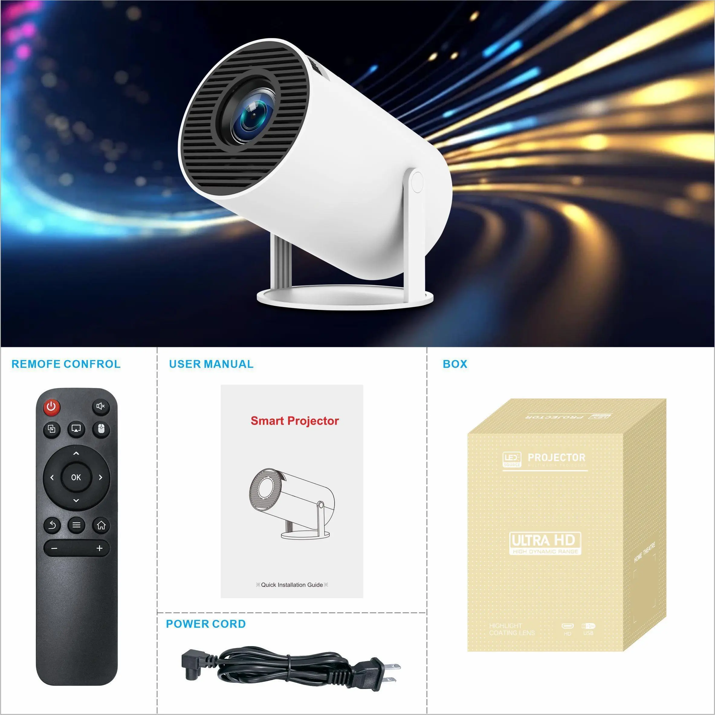 Projector 290ANSI Android 14.0 Dual WiFi6 8K 4K Decode Auto Keystone Correction Wireless BT5.4 130"Screen 1280*720P Built-in Speaker Allwinner H726 180 °   Rotatable Mini Portable Home Cinema Outdoor Audio Summervibes Gift