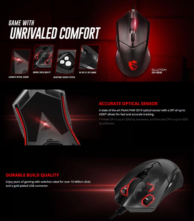MSI Clutch GM08 Gaming Mouse, 4200 DPI, Optical Sensor, 3 Adjustable Weights, Red LED Lighting, Symmetrical Design
