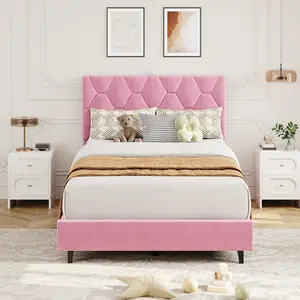 Twin Size Platform Bed Frame with Upholstered Headboard and Wooden Slats Support, Velvet Upholstered Mattress Foundation/No Box Spring Needed/Easy Assembly, Pink