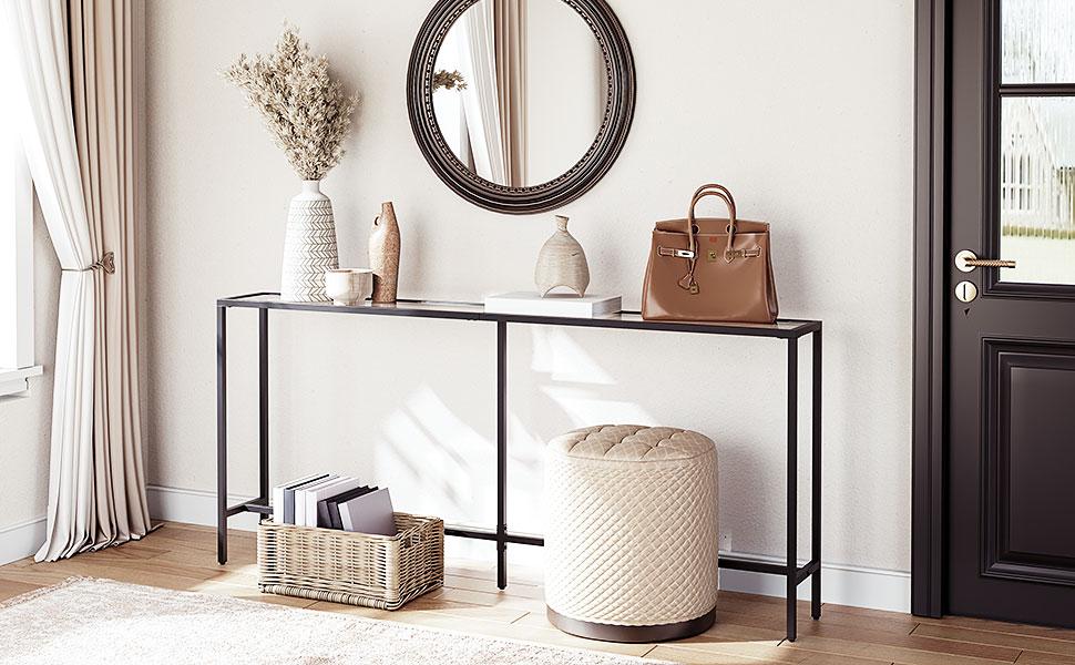 MAHANCRIS Modern Black Glass Top Console Table - Space-Saving Design, Metal Frame, Ideal for Entryway, Living Room, Hallway - Easy Assembly, Sleek and Stylish, Light Decor