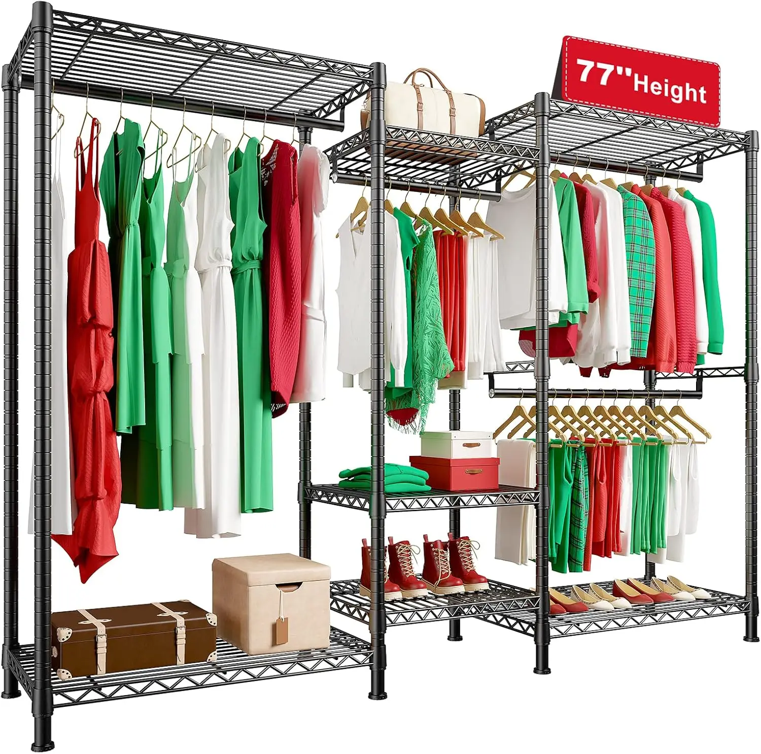【Summervibes】Raybee 77" Height Heavy Duty Clothing Rack Holds 750 LBS, Portable Closet Wardrobe Rack with Shelves & Hanging Rods, Height Adjustable Metal Wire Garment Clothes Rack, 77" H x 70.5" W x 13.8" D, Black,White, Pink
