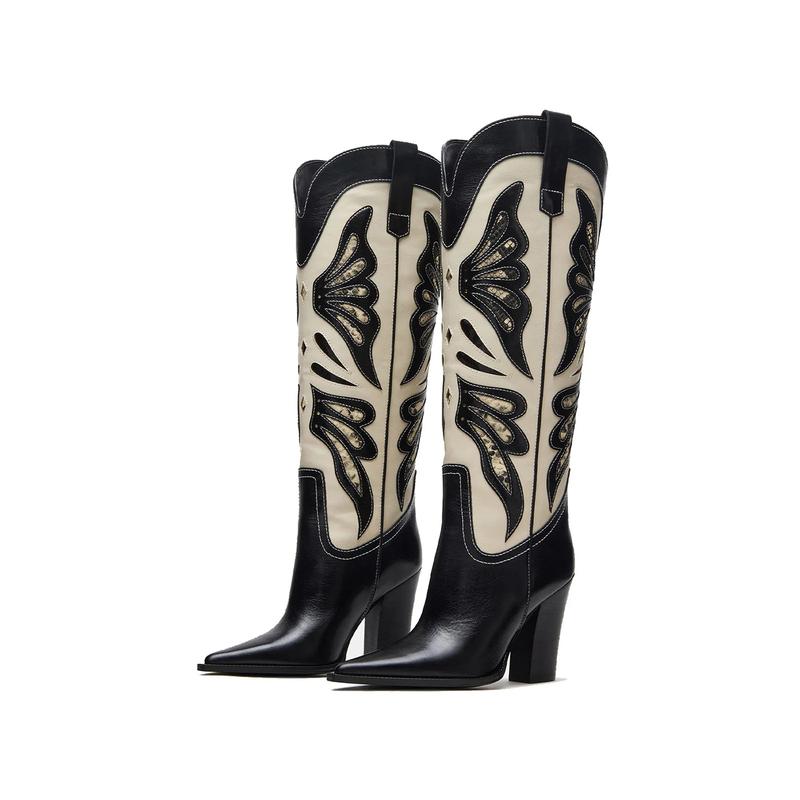 EROCALL Women's Butterfly Embroidery Womens Cowboy Boots Vintage Chunky Heel Wide Knee High Boots Pointed Toe Pull on Western Shoes