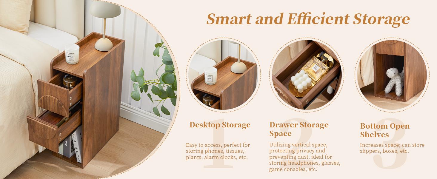 Giratree Slim Mid-Century Modern Nightstand with 2 Drawers, Narrow Fluted Wooden Side Table for Small Spaces, Tall Skinny Bedside Table for Bedroom or Living Room