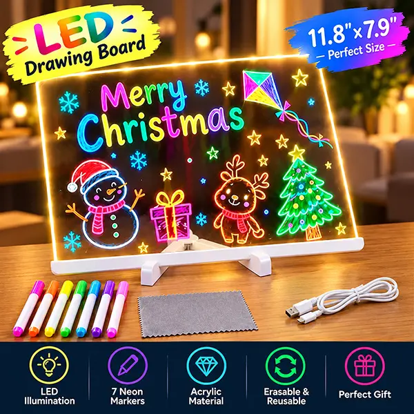11.8" x 7.9" LED Writing Board, LED Note Board, LED Message Board, LED Board with 7 Neon Markers, Acrylic Dry Erase Light Up Writing Display with Stand, Reusable Memo Sign for Desk Office Home