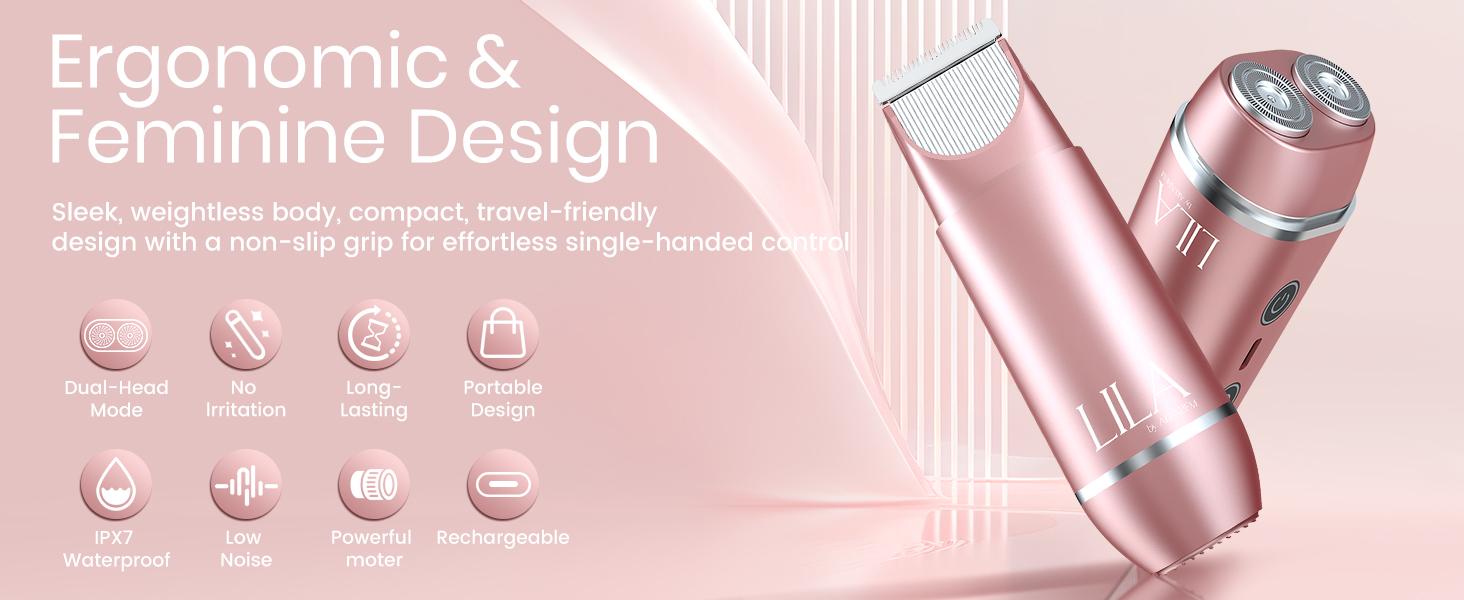 LILA by Akunbem 2 in 1 Women's Electric Shaver Dual Head Bikini Trimmer IPX7 Waterproof Wet Dry Use Body Hair Trimmer Facial Hair Remover for Bikini Underarm Leg Arm Body Face