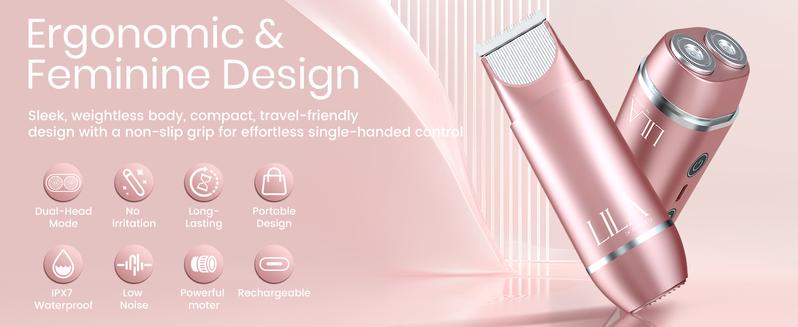 LILA by Akunbem 2 in 1 Women's Electric Shaver Dual Head Bikini Trimmer IPX7 Waterproof Wet Dry Use Body Hair Trimmer Facial Hair Remover for Bikini Underarm Leg Arm Body Face