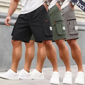 Men’s cargo shorts, 3‑pack, letter patch design, multiple pockets, drawstring waist, loose fit; lightweight fashion casual pants for outdoor workwear, suitable for gym, outdoor activities, and everyday wear