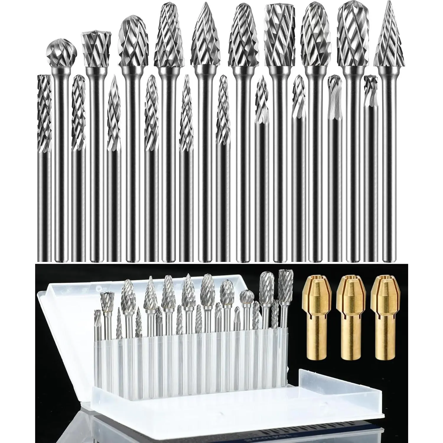 23-Piece Tungsten Carbide Burr Carving Tool Set - Double Cut Rotary Tool Bits with 1/8-Inch Shank, Multi-Size Various Heads, 3 Brass Collets, 1 Manual, 140000rpm, Dremel-Compatible, Diamond Drilling Bits for Die Grinder, Metal Grinding, Wood Carving, Cutt