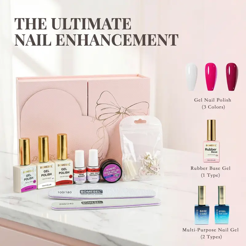 Luxury Gel Nails Kit Set - Beginner At-Home Salon Nails Gift Set with 3 Viral Gel Shades, 9 Free Extras (UV Lamp, Base Coat, Top Coat, File & More) in Gift Box