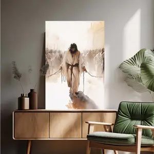 Wall Art Wall Decor Posters Jesus Breaking Free From Chains Christian Canvas Material Watercolor Painting Style Soft Tones Symbolize Redemption And Freedom Ideal Gift For Believers For Home Prayer Room Religious Ornaments Decoration