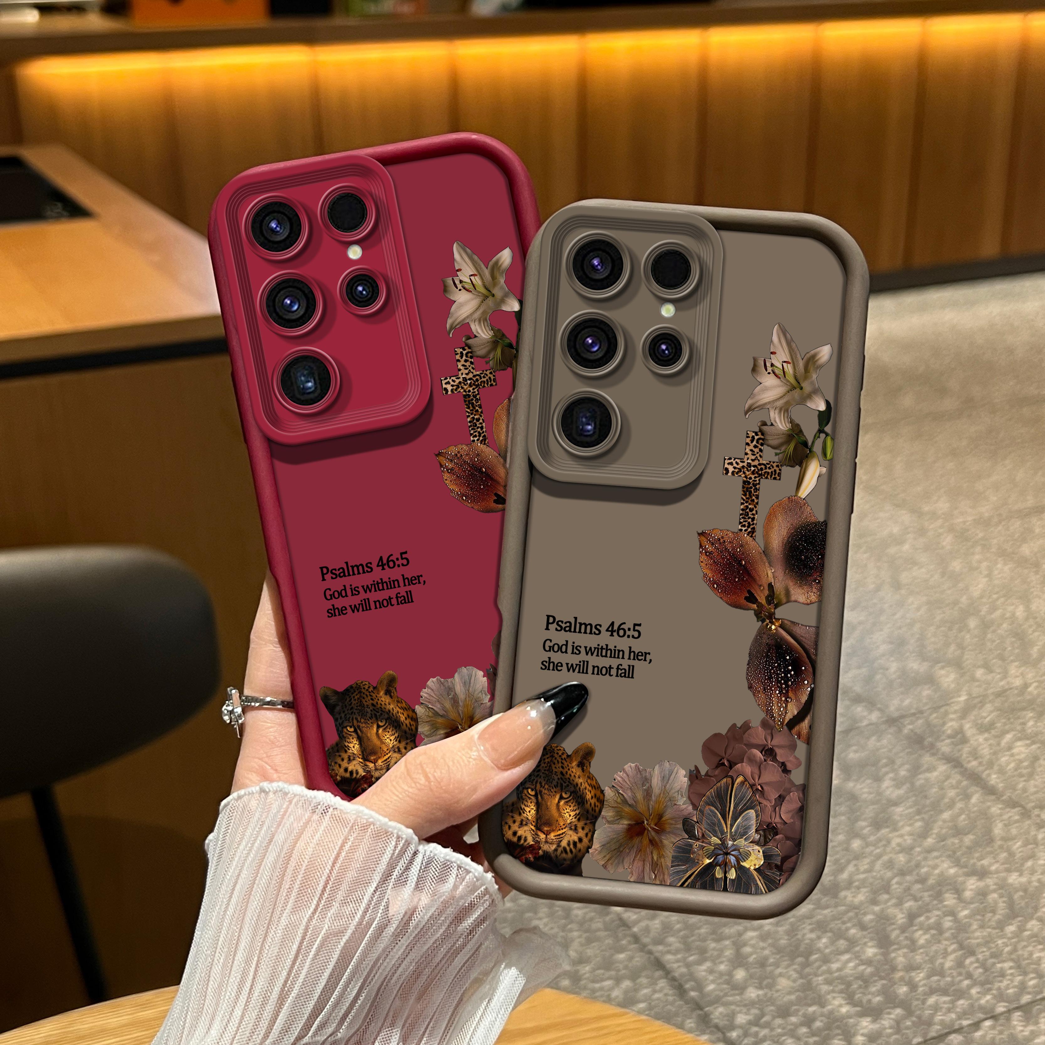 Aesthetic Leopard Print Bible Verse Phone Case for iPhone Samsung 17Pro Max Air 16 15Plus 14 13 12 11 XR XS Galaxy S25 S24 S23 S22 A71 A56 A55 A54 A53 A52 with Wrist Strap Lanyard Psalms 46 5 Christian Religious Faith Gift Shockproof Protective Case.NN109