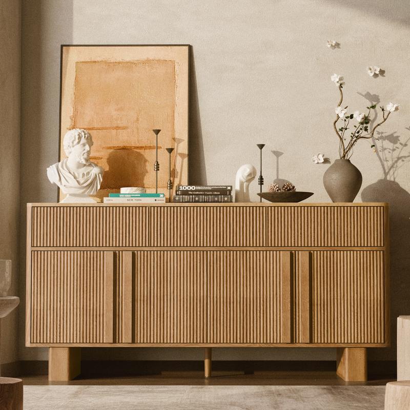 Modern Buffet Cabinet with Storage, 63" Wide Sideboard Cabinet with 3 Drawers and 4 Doors, Reinforced Wide Legs for Kitchen & Living Room, Natural Oak