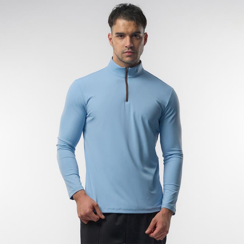 Fioboc Men's SmoothBlend Slim Fit Half-Zip Mock Neck T-Shirt - Contrast Trim Casual Basic Long Sleeve Top