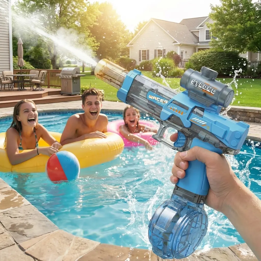 Rechargeable Automatic Water Spray Toy for Adults and Kids, Transparent Electric Water Soaker with Sound Effects and LED Lights, Long-Distance Outdoor Pool and Beach Party Toy for Boys and Girls