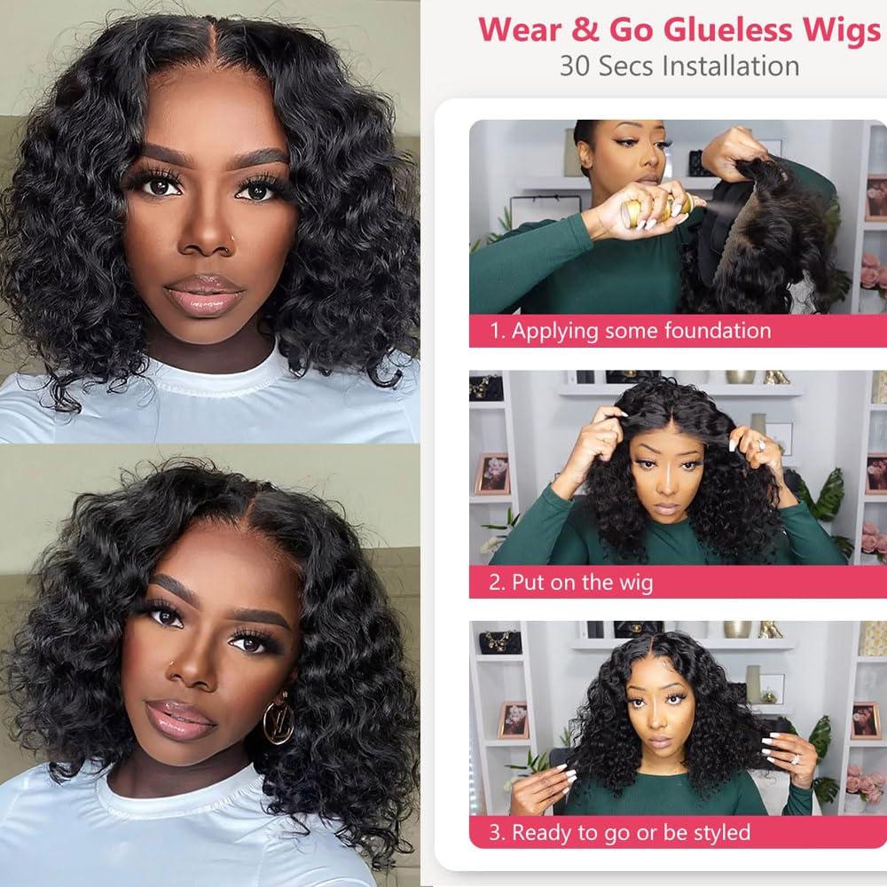 Deep Wave Curly Bob Glueless Wig 100% Human Hair Ready To Wear 6x4 Hd Lace Closure Wig Jerry Burmese Curly Frontal Short Bob Water Wave Wig Ready to Wear And Go For Women On Sale